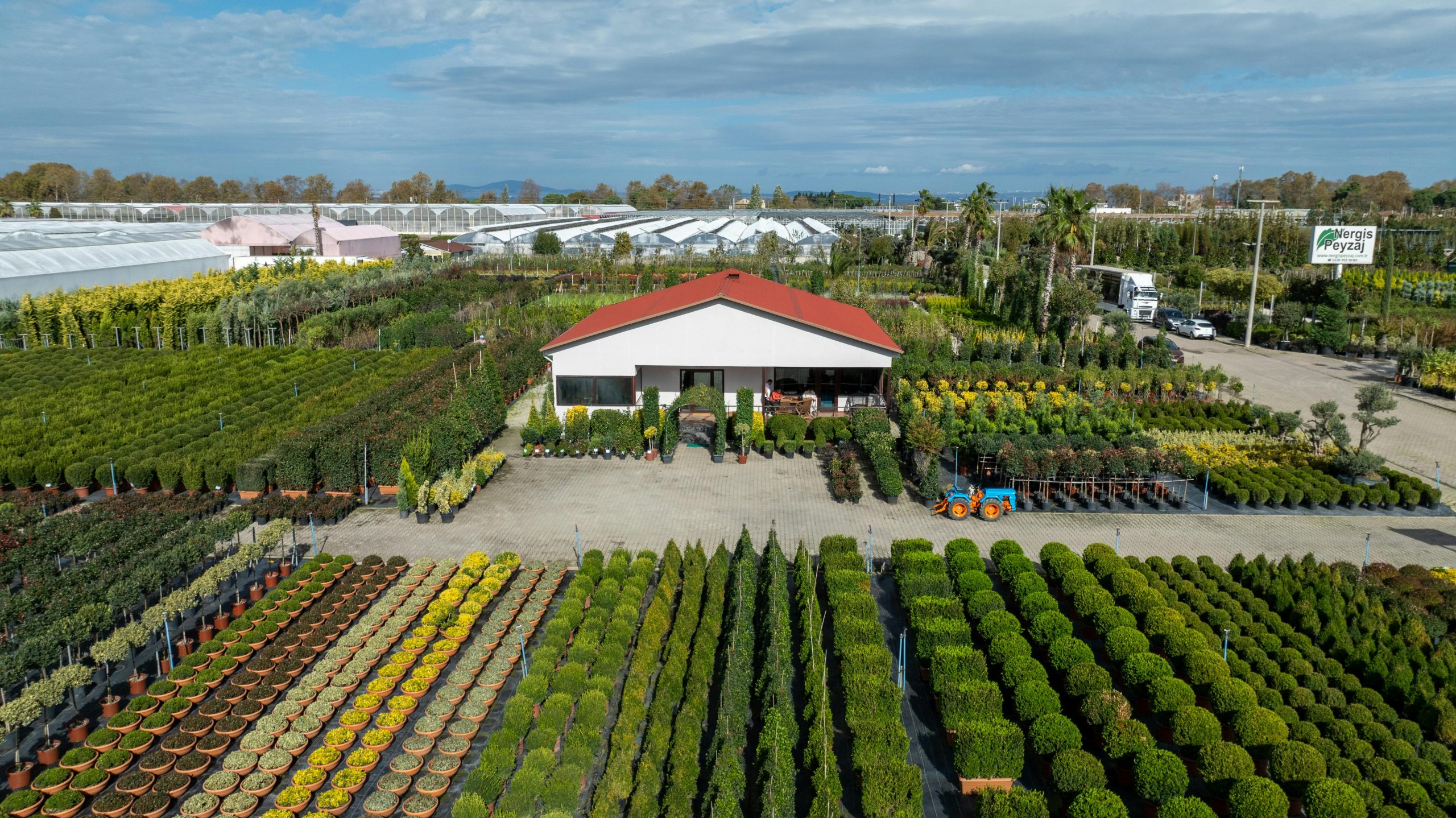 Drone shot capturing the expansive greenhouse nursery in Yalova, Türkiye, showcasing vibrant plants.